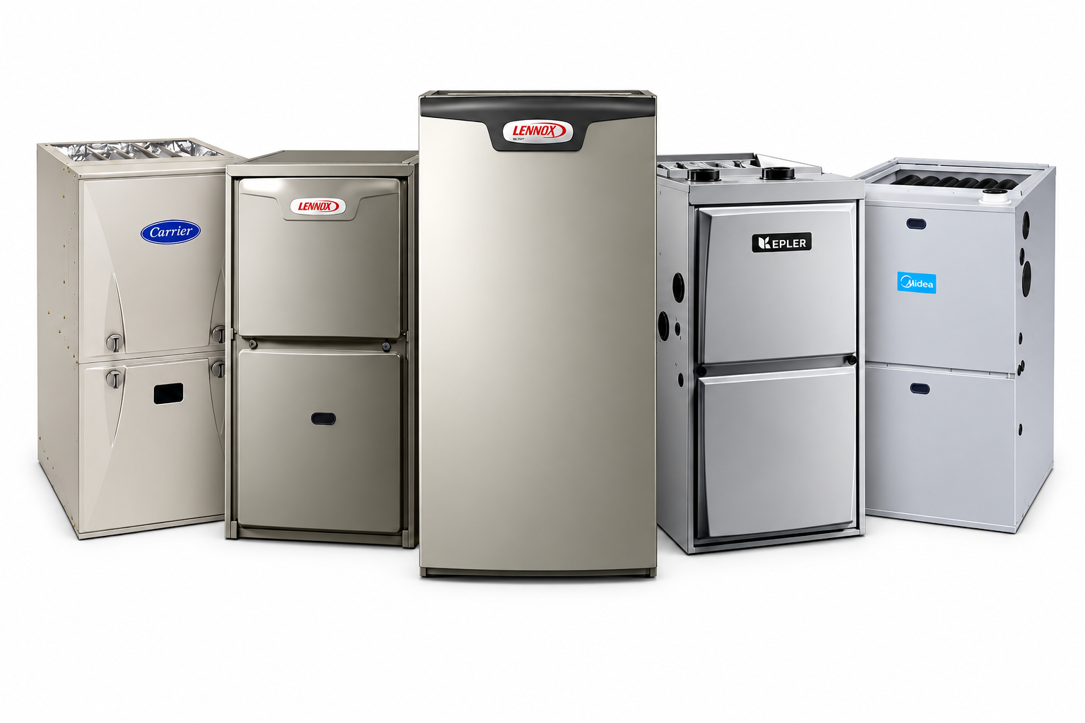 Illustrative lineup of Carrier, Lennox, Kepler and Midea furnaces
